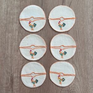 Cute Vintage 6 PCs Linen Wine Glass Slippers Coasters Embroioered Rooster‎ 3”